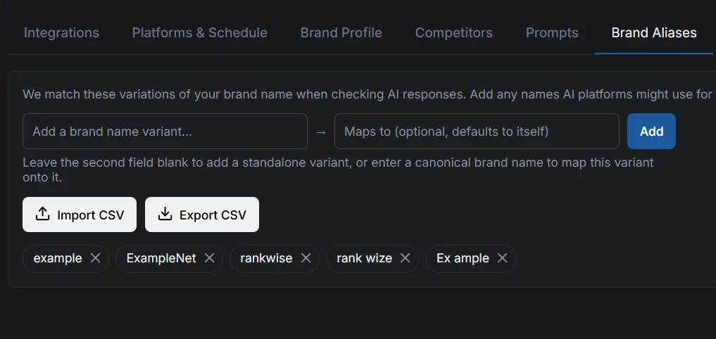 Brand Aliases settings tab with a quick-add field that maps a brand-name variant to a canonical name, Import and Export CSV buttons, and existing variants shown as removable chips