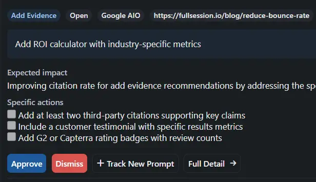 Rankwize recommendation panel showing a fix-type badge classifying the gap as Create Comparison, the target page URL, and a structured actions checklist for closing the citation gap.