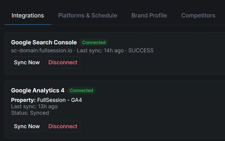 Integrations connections panel showing Google Search Console and GA4 connection cards with their property and sync status